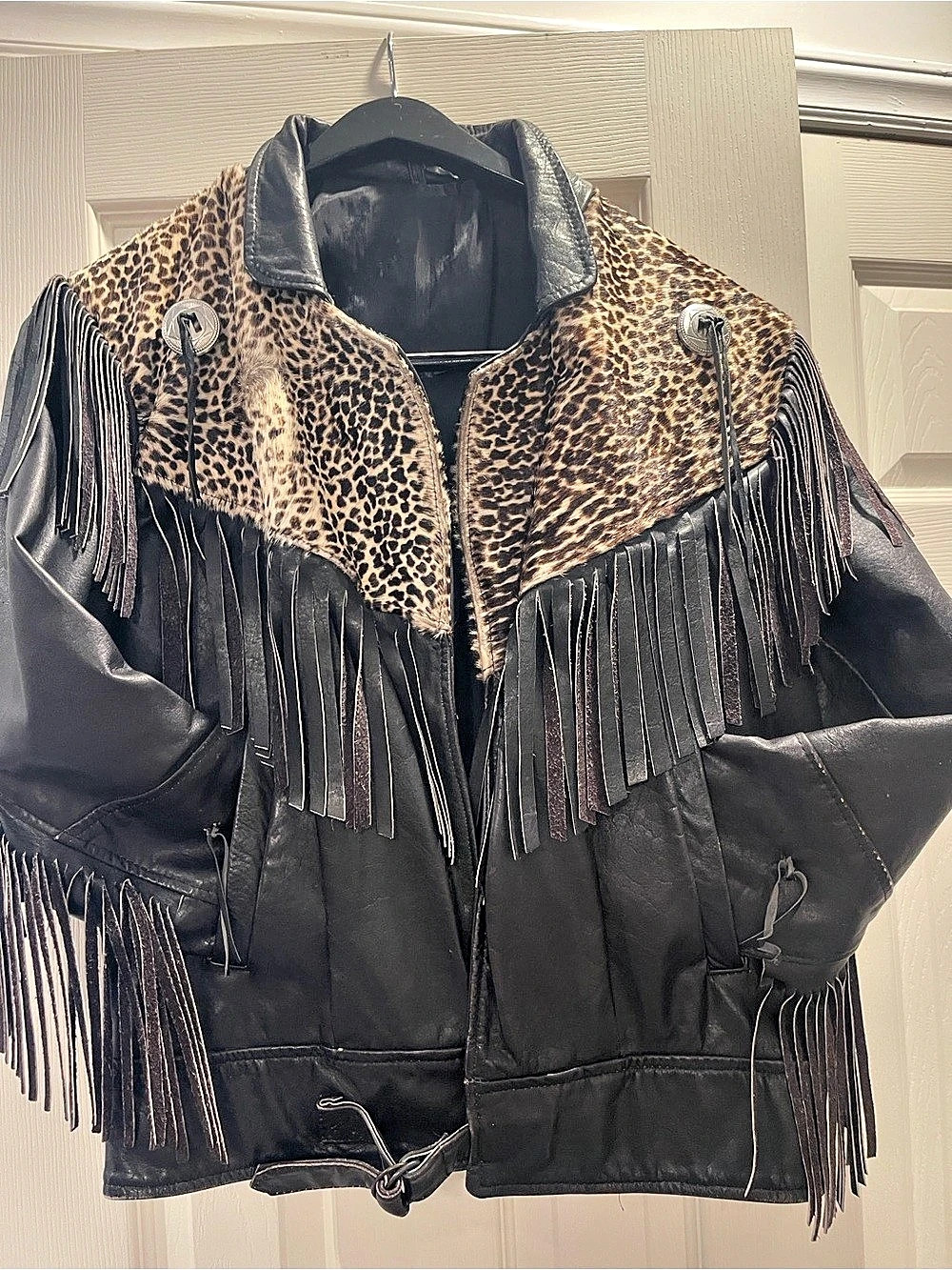 Women's Leather Fringe Jacket in Black & leopard print
